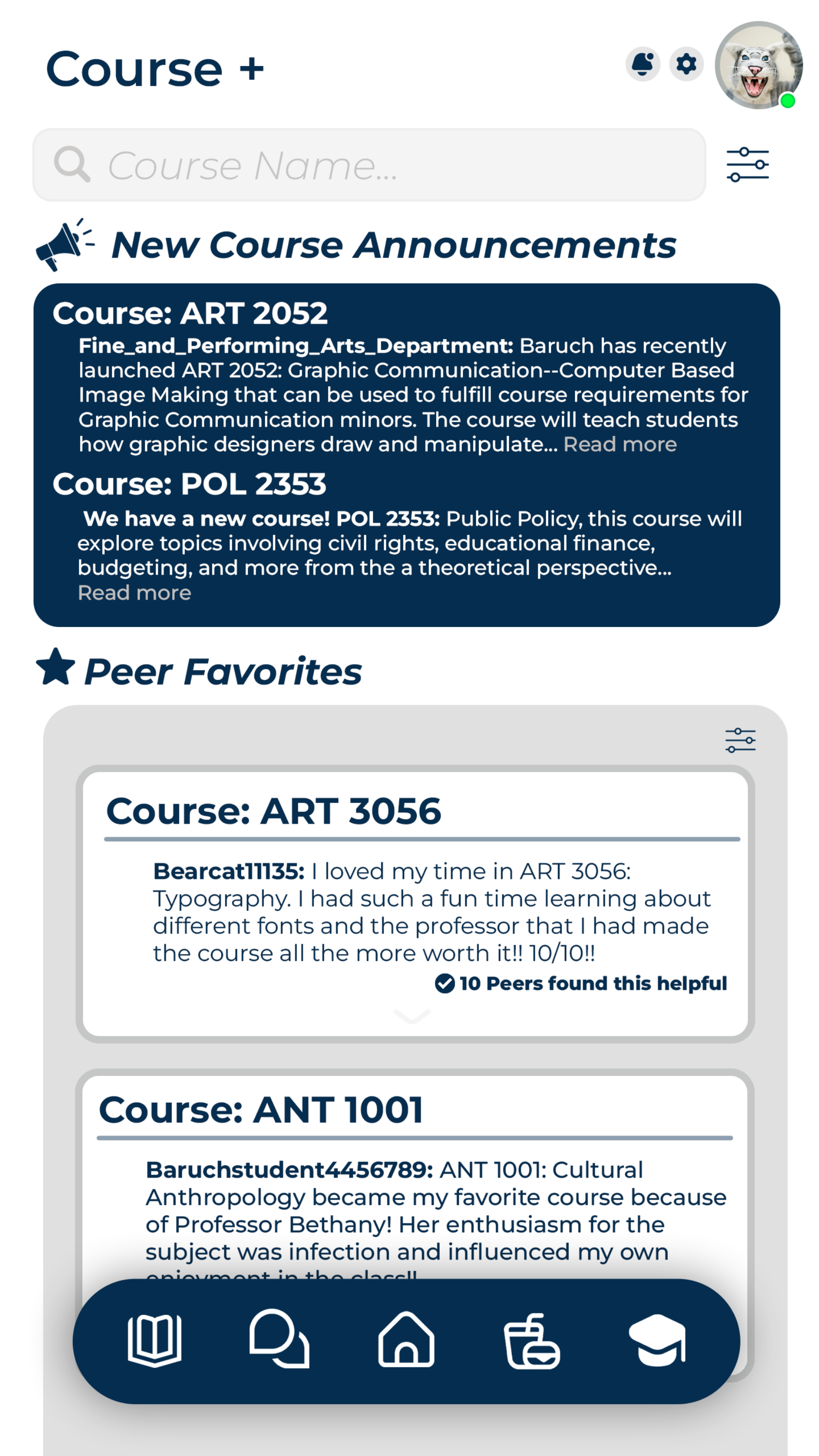 Courses+ screen